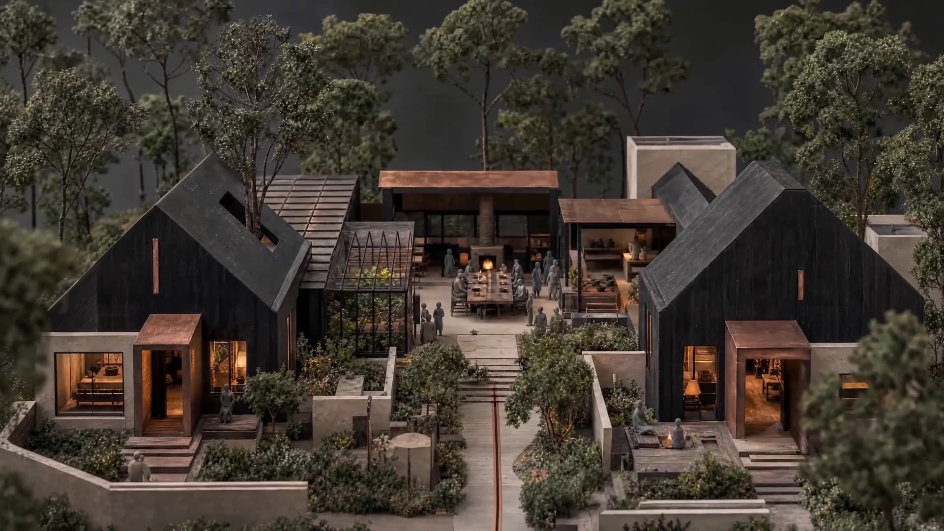 A warm architectural model of private homes, gardens, work space and a shared table