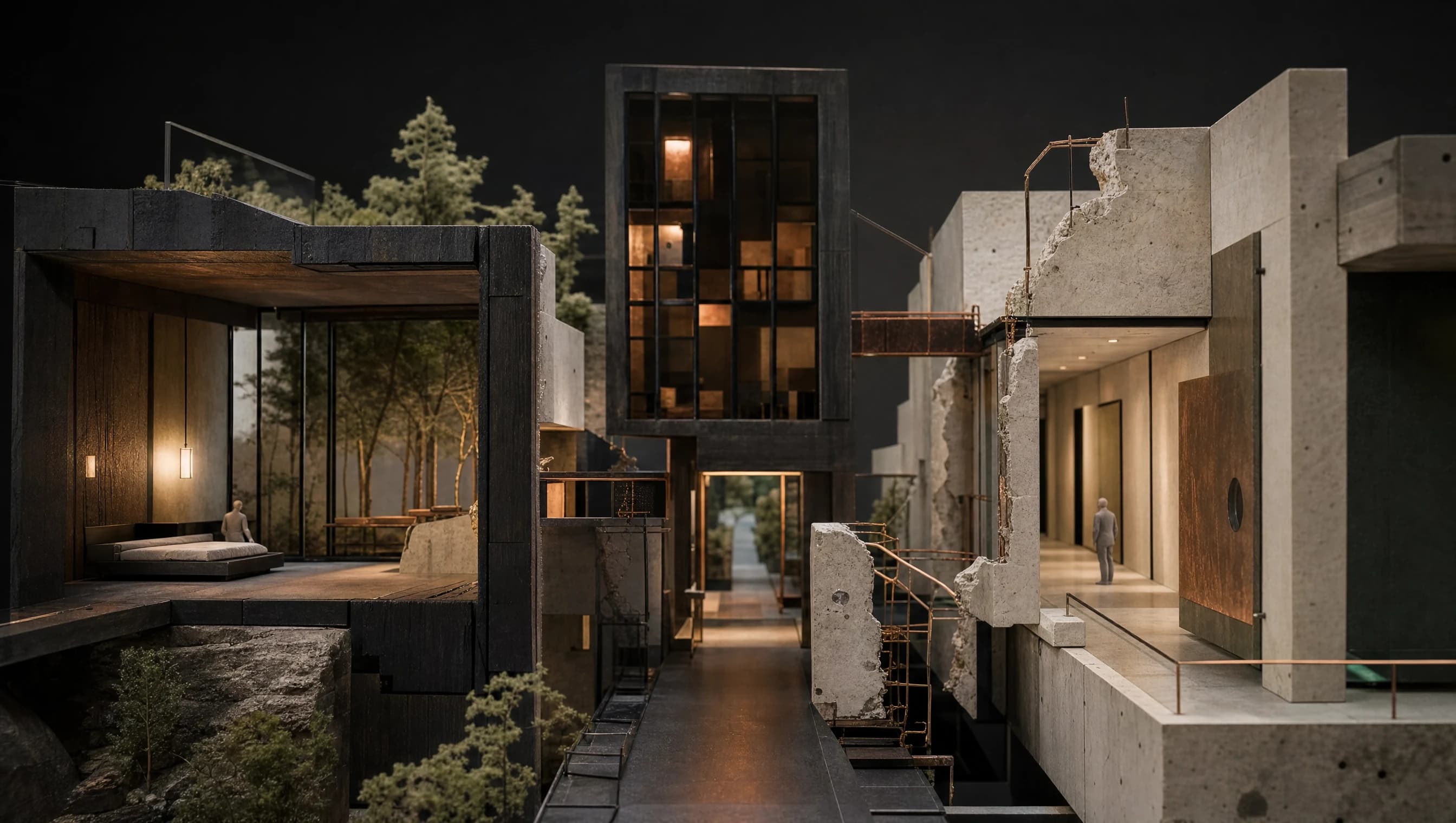 Hand-built architectural model of a fragmented modern life